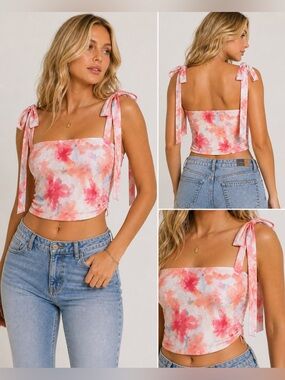 (A4) Tie-Shoulder Pink Floral Crop Top - Women